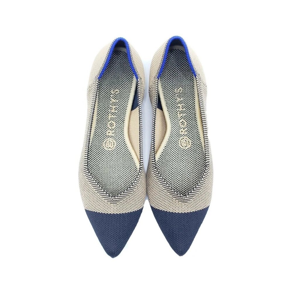Rothy's The Point Flats Dune Cap Toe Retired Womens Tan Navy Knit Shoes Size 8